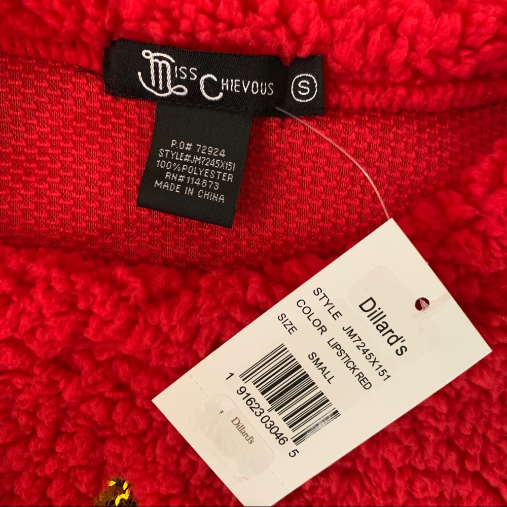 Miss Chievous Christmas Sequin Sherpa Sweater Red - Picture 8 of 8